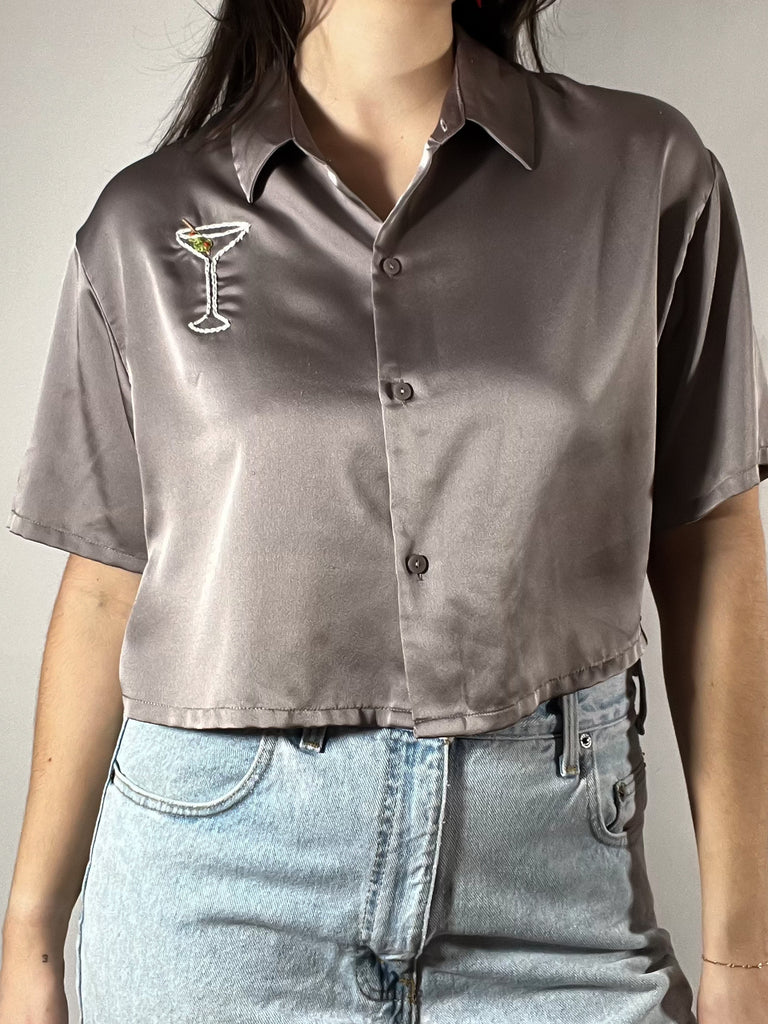 Embroidered Martini Gray Satin Short Sleeve Button Up