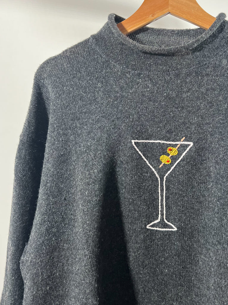 Embroidered Martini Charcoal Gray Sweater