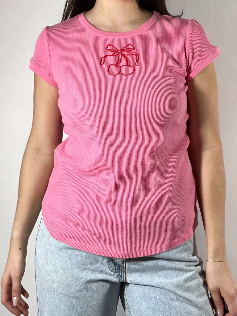 Embroidered Cherries Pink Waffle Tee