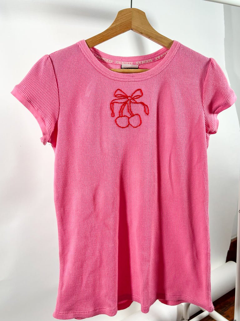 Embroidered Cherries Pink Waffle Tee