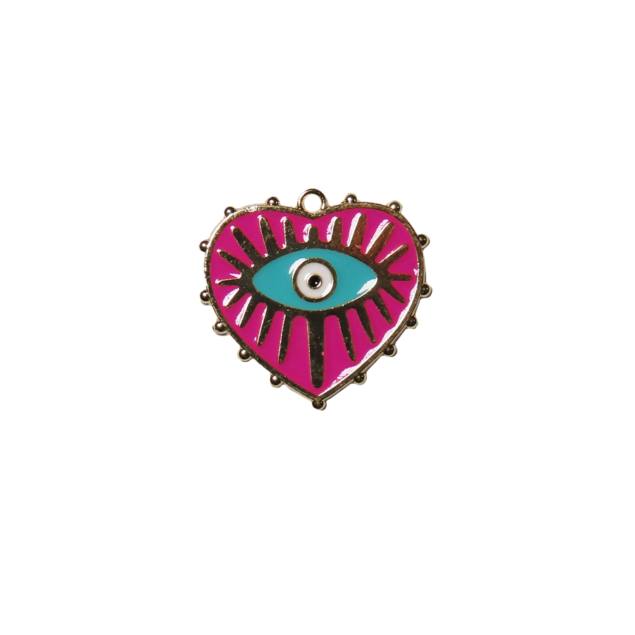 Large Hot Pink and Gold Evil Eye Heart Charm