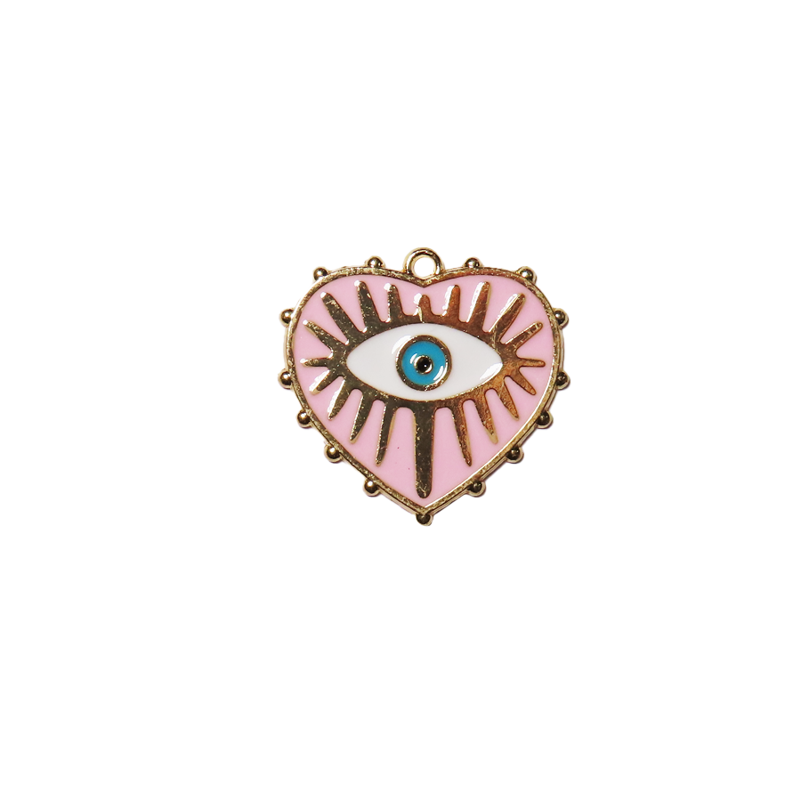 Large Light Pink and Gold Evil Eye Heart Charm