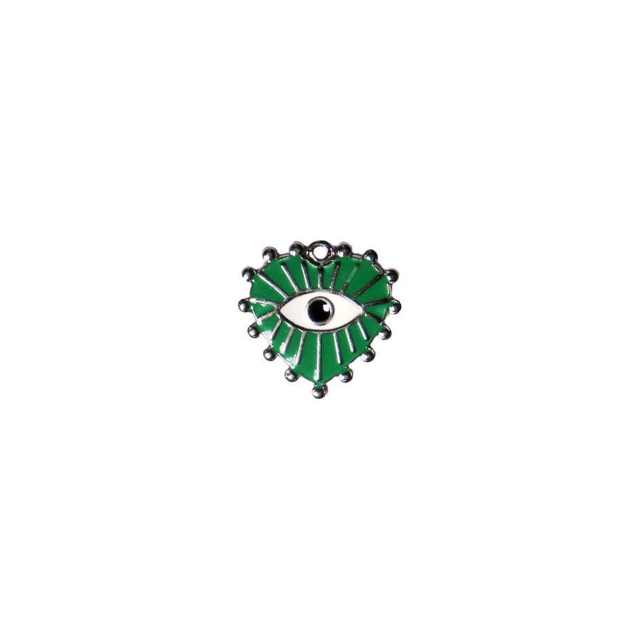 Medium Silver Evil Eye Heart Charm - Green