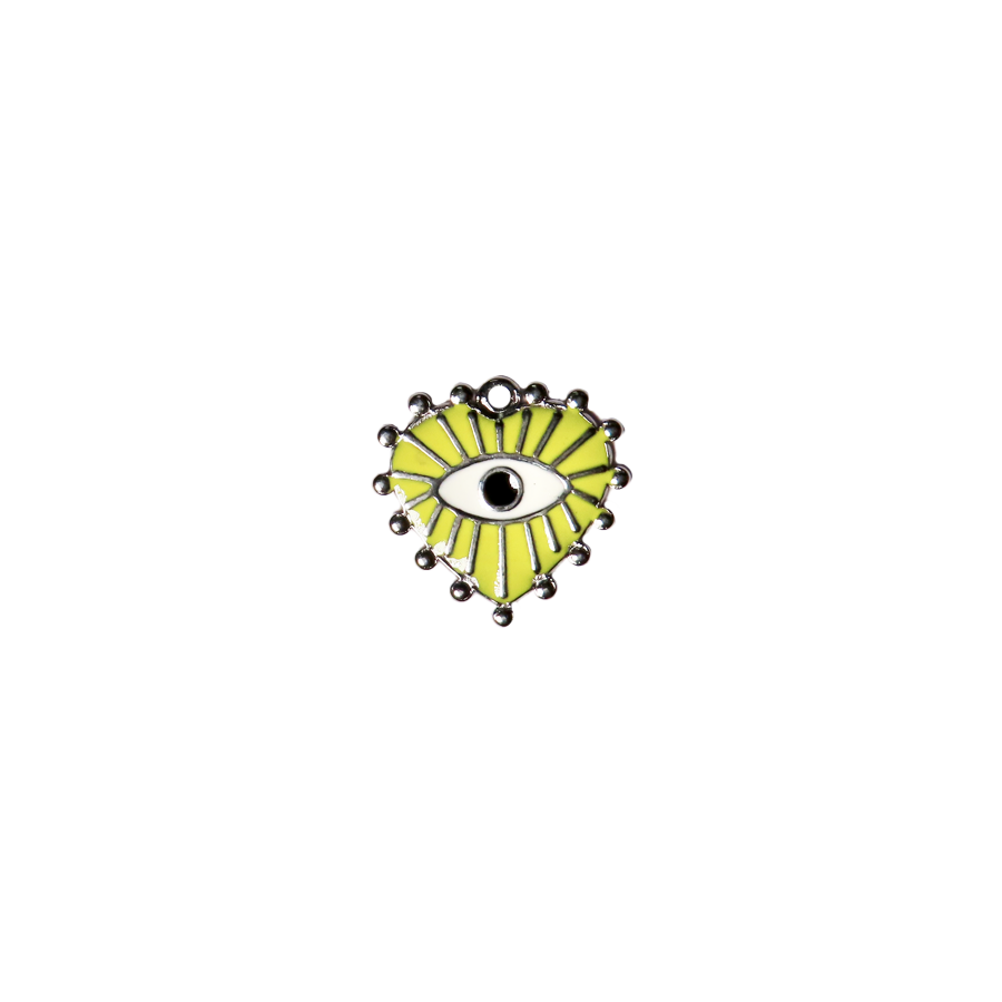 Medium Silver Evil Eye Heart Charm - Yellow