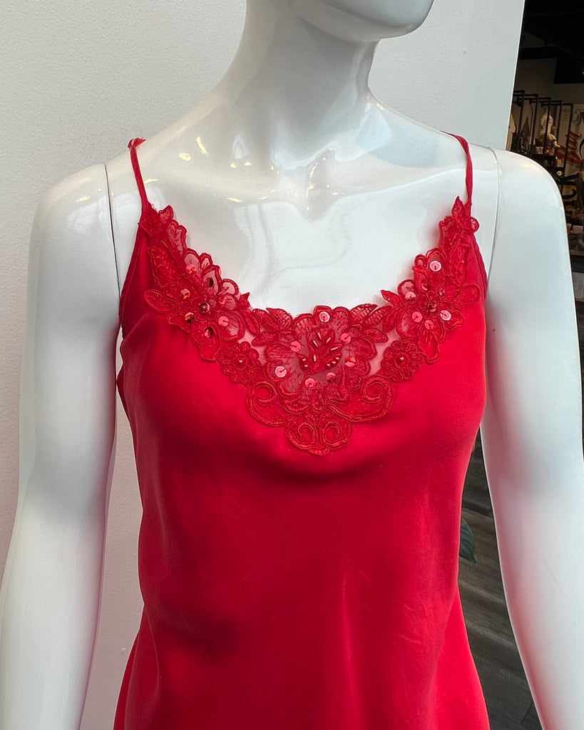 Red Silk Midi Slip Dress